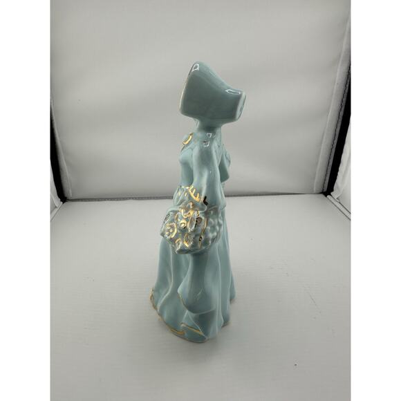 Vintage Porcelain Victorian Style Lady w/ Baskets Figurine Turquoise Glaze Gilt - Picture 6 of 9